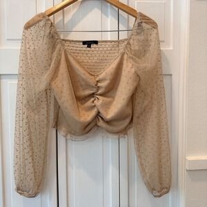 Fairy Festival Polka Dot Mesh Crop Top Beige Ruched Smocked Balloon Sleeve M